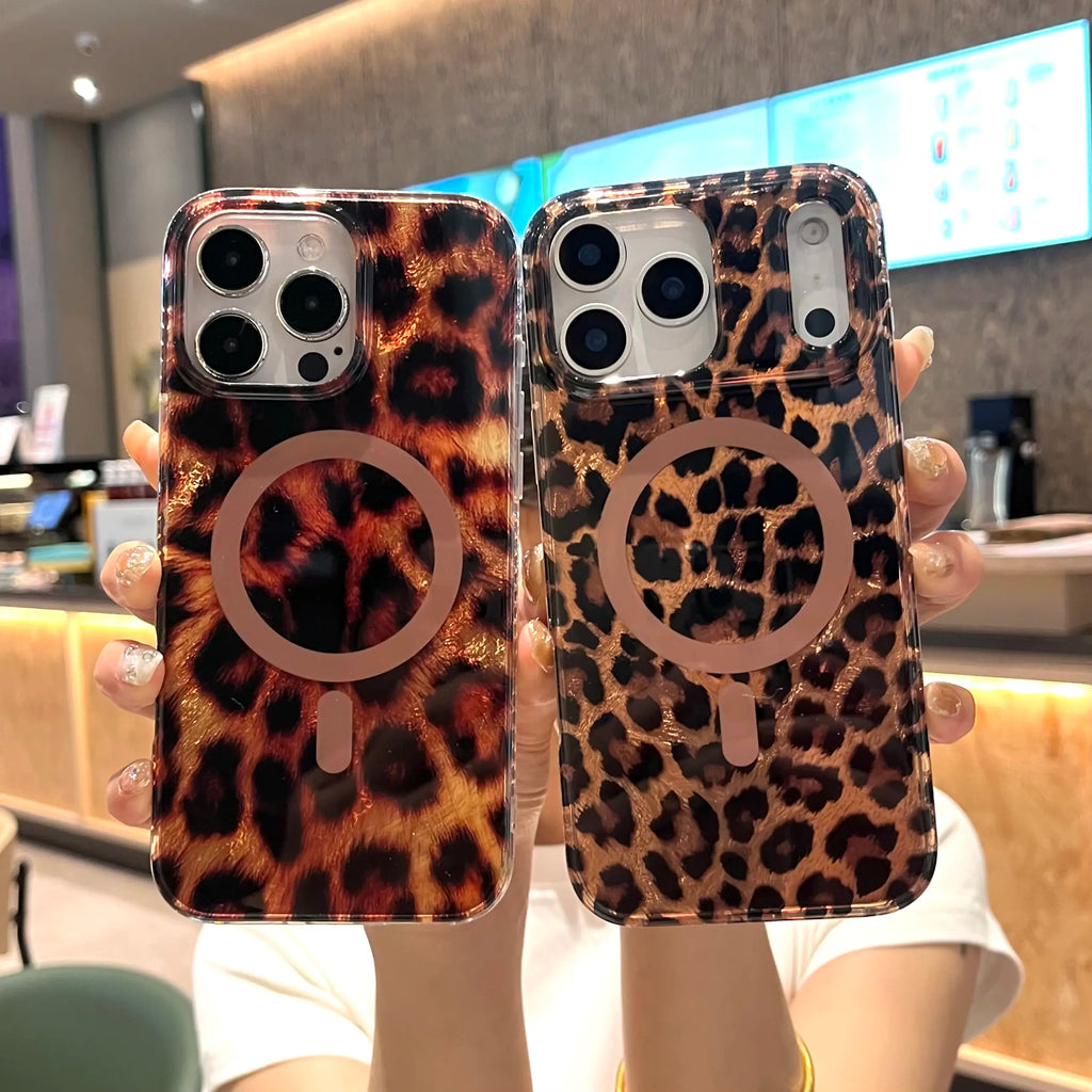 Leopard Cheetah Sparkle MagSafe Case – Glossy Shockproof Silicone Cover for iPhone 17 Pro Max