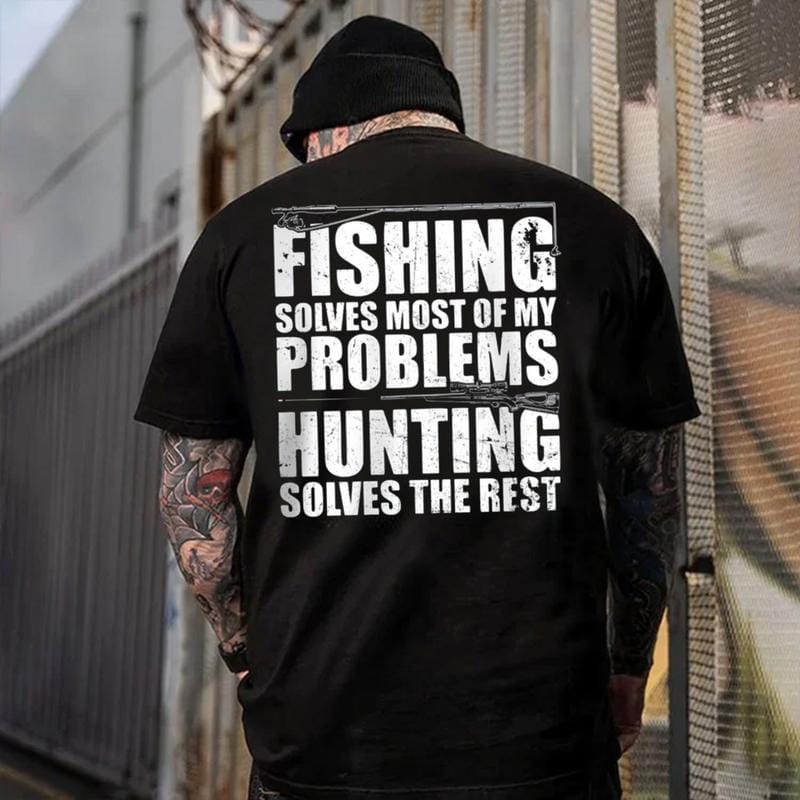 Angeln löst die meisten meiner Probleme, Jagen den Rest – T-Shirt, lustiges Outdoor-Shirt, Angler- und Jäger-Hoodie, Geschenk für Papa oder Ehemann 