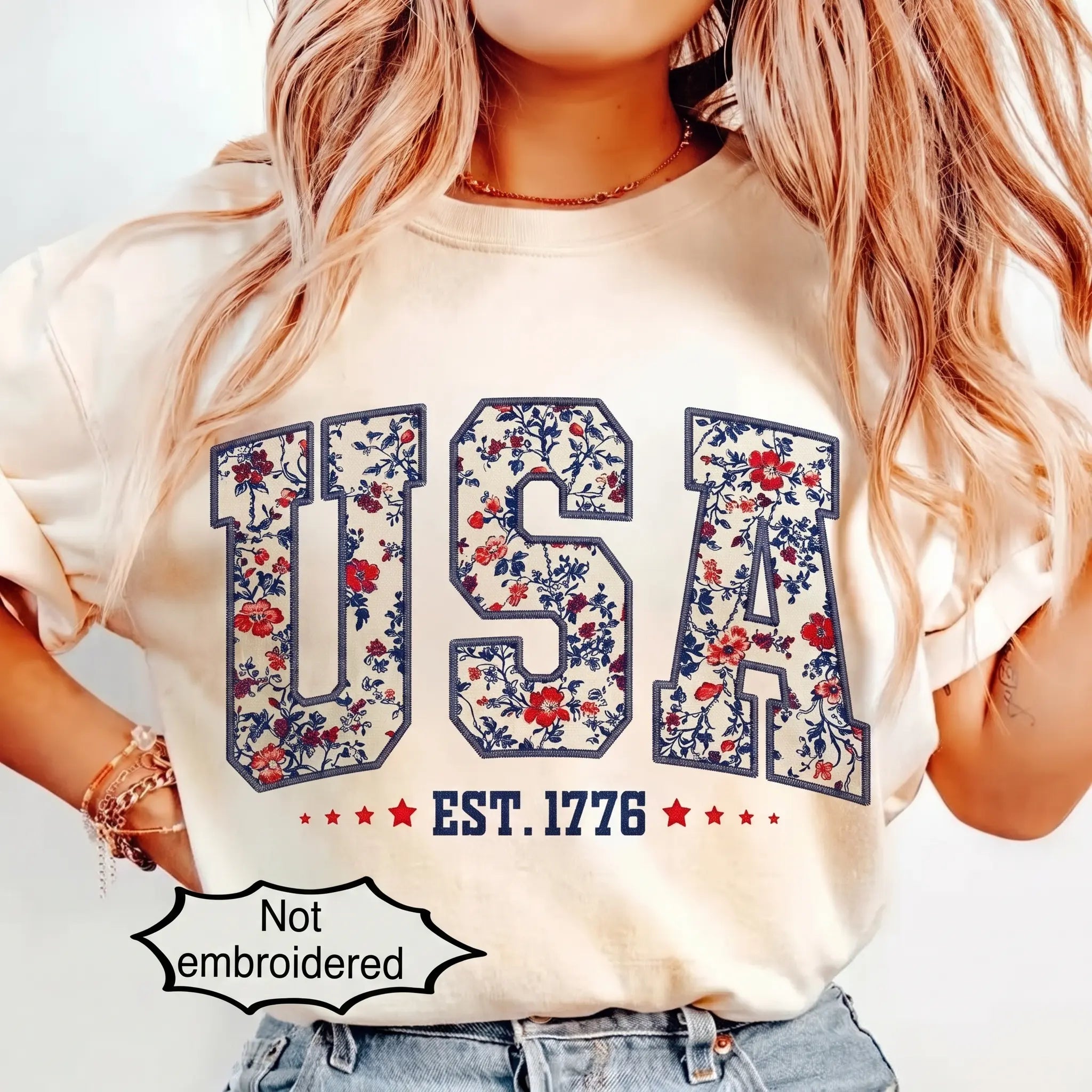 Faux Embroidered Floral USA Shirt | Comfort Colors Retro 4th of July Tee